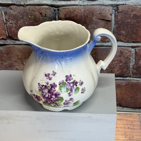 Vintage German Floral Creamer Pitcher Floral Violets Embossed 6" Victorian - Picture 2 of 8